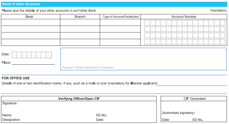 Detail of Other Accounts in SBI Account Opening Form