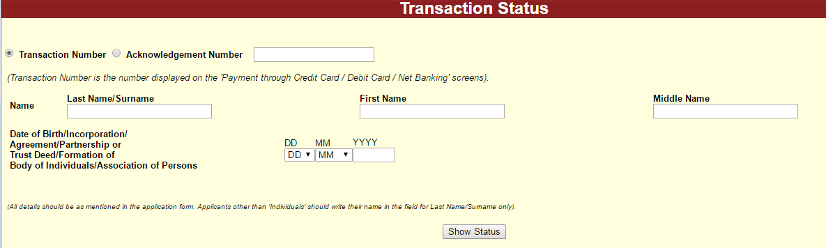 Check PAN Card Failed Transaction Status by Transaction Number
