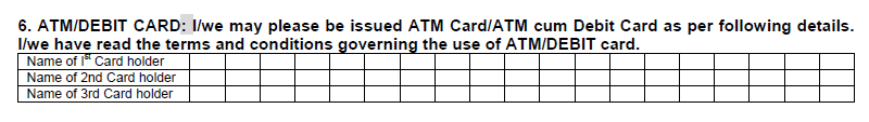 ATM Debit Card in PNB Account Opening Form