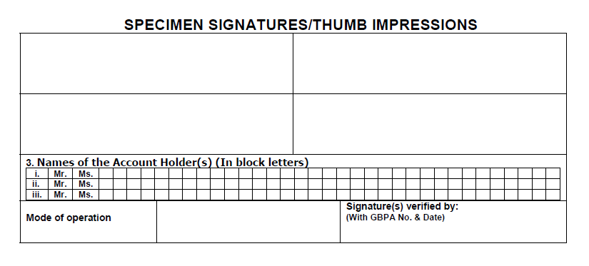 Specimen Signatures and Thumb Impressions in PNB Account Opening Form