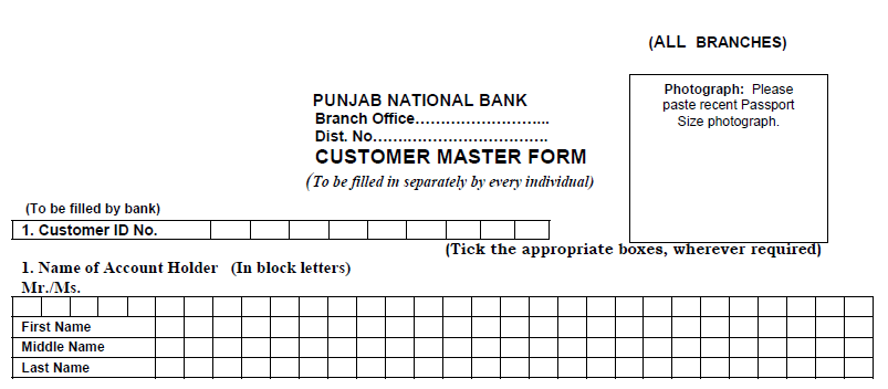 Customer Master Form in PNB Account Opening Form