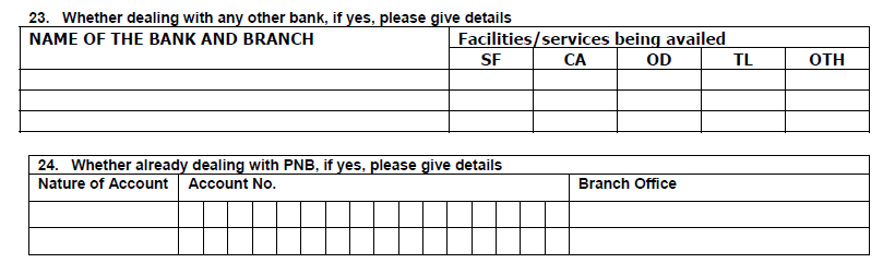 Other Bank Details in PNB Account Opening Form