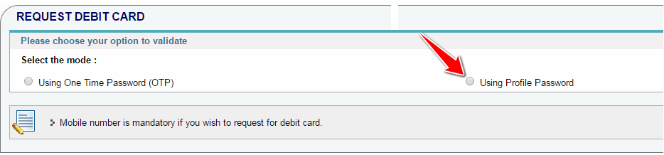 Request SBI Debit Card using OTP or Profile Password
