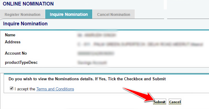 Check Nomination in SBI Online