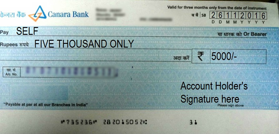 How to Write a Self Cheque in Canara Bank