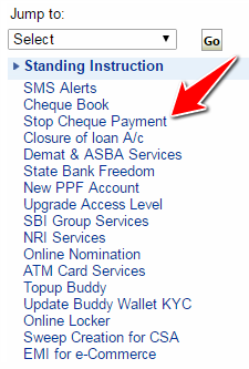 Stop Cheque Payment Option in SBI