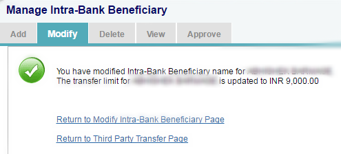 Transfer Limit Modification receipt in SBI